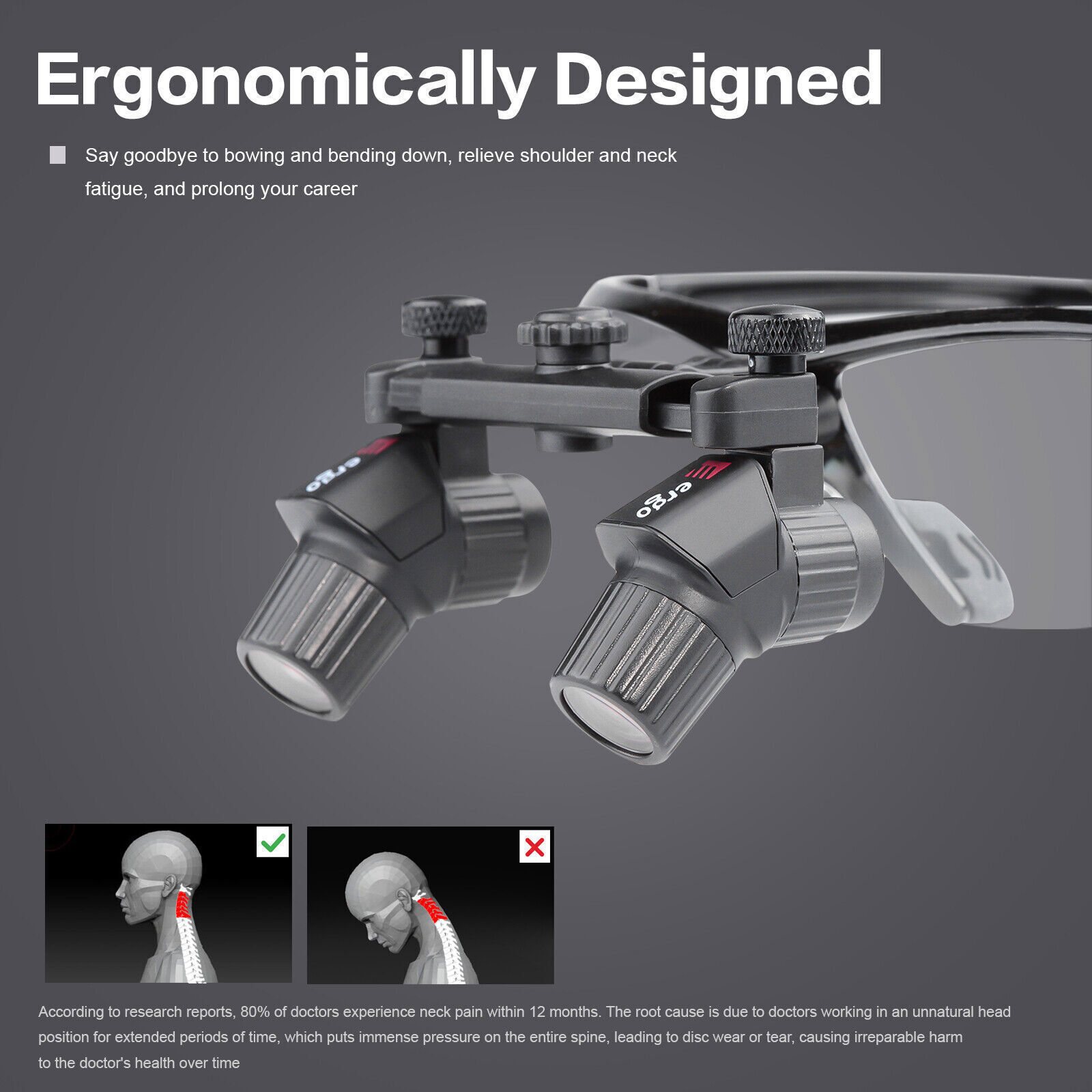 4.0X 450mm Lupa cirúrgica dentária médica lupa Ergo ergonómica