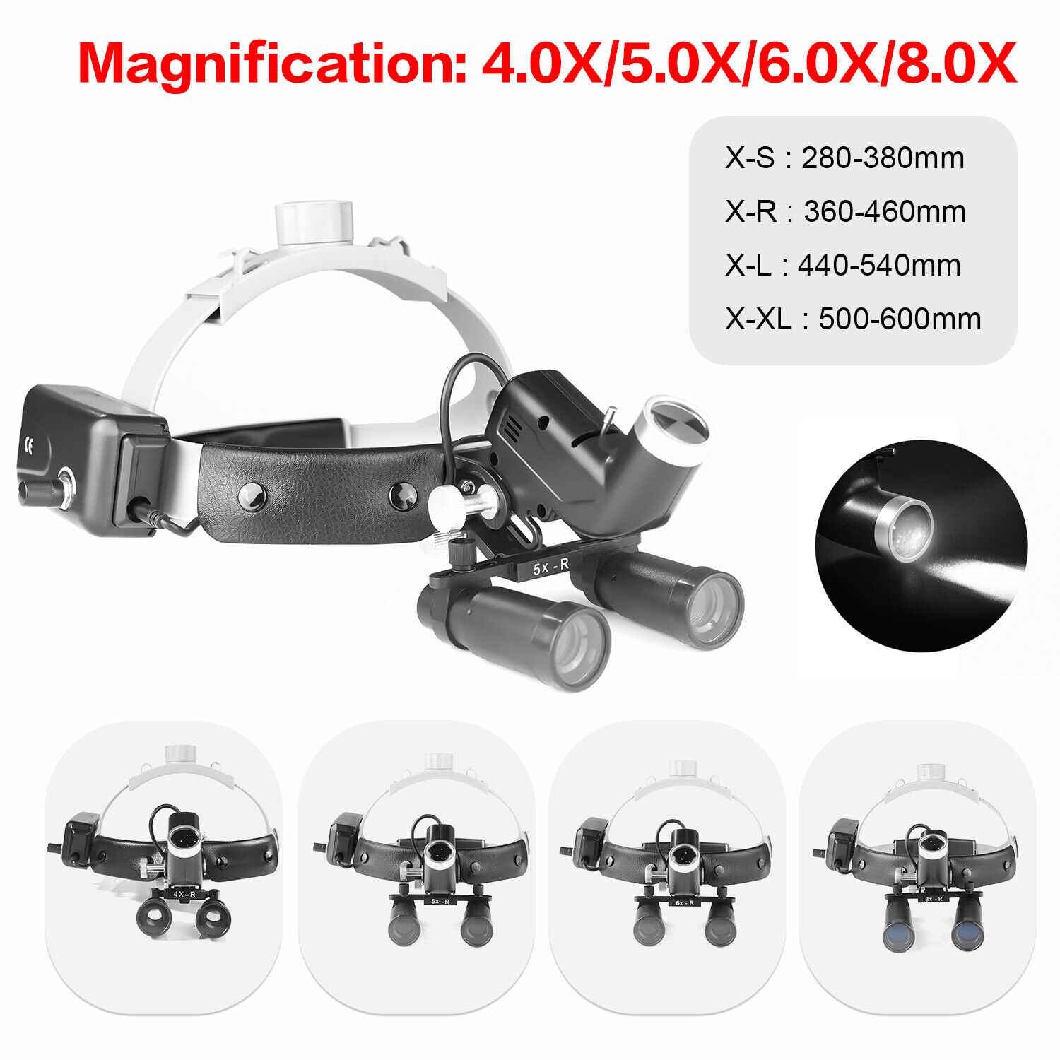 4.0X/5.0X/6.0X/8.0X-R Lupa de ampliação médica dentária + faixa de cabeça 5W farol cirúrgico LED